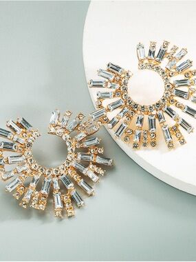 Gold-Tone Sunburst Hoop Earrings with Clear Crystals